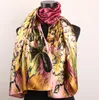 1pcs Peach Plum Gold Lily Flower And Leaves Scarves Women's Fashion Satin Oil Painting Long Wrap Shawl Beach Silk Scarf 160X5202e