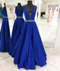 Stunning Aline Blue Evening Dress Sexy Deep V Neck Open Back Zipper up Custom Made Prom Gowns Formal Dresses Crystals Beaded Wais1297477