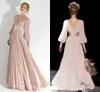 Light Pink Prom Dresses Long Sleeve Evening Formal Gown 2022 Pleated V-Neck Party Dress With Satin Sash Modern Women Pageant Gowns