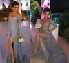 Sexy Silver Grey Evening Dresses Stunning Off the Shoulder Prom Party Gowns with Illusion Long Sleeves Sequins Beads High Split Formal Wear