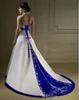 Court Train Ivory and Royal Blue A Line Wedding Dresses Halter Neck Open Back Lace Up Custom Made Embroidery Wedding Bridal Gowns