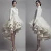 High Collar Long Sleeves Taffeta High Low Wedding Gowns Layered Ruffles Luxury Bridal Gowns with Feather Modest Party Special Occasion Dress