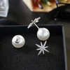 Sweet Style Creative New S925 Sterling Silver Pin Stars Pearl Stud Anti-Allergic Micro-Zircon Crystal Earrings Free Shipping
