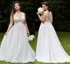 Vestidos de casamento Plus Size A Linha Tripulação Decote Sheer Voltar Botão Coberto Apliques de Noiva Vestidos de Casamento Vestido de Primavera Chiffon Ruffles