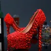 White and Red Flower High Heels Bridal Wedding Dress Shoes Crystal Ladies Party Proms Woman Beautiful Round Toe Dress Shoes