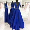 Prachtige A-lijn Blue Avondjurk Sexy Deep V-hals Open Back Ripper Up Custom Made Prom Jurken Formele Jurken Kristallen Beaded Taille