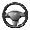 Interior DIY 3D Black Carbon Fiber&Black Suede Leather Steering Wheel Hand Sewing Wrap Cover Fit For Tesla model 3 2017-2020