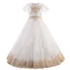 2021 Vestidos de garota de flor de ouro para casamento espaguete laço Floral apliques saias camadas meninas pageant vestido uma linha crianças vestidos de aniversário