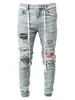 Мода тощие джинсы мужчины разорванные сетки лоскутное растяжение джинсовые карандаш брюки эластичный хип-хоп бега runging карандаш брюки уличные 210622