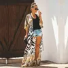 المرأة ملابس نسائية 2021 بيكيني تغطية البوهيمي مطبوعة طويلة كيمونو كارديجان زائد حجم الشيفون تونك النساء ملابس الشاطئ ملابس السباحة البدلة تستريح Q91