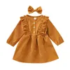 Citgeett Spring Autumn Infant Baby Girls Dress Headband 2pcs Solid Ruffles Long Sleeve Bowknot Button A-Line Dress Q0716