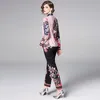ファッションデザイナー滑走路スーツセット2021春長袖フローラルボウプリントトップス+パンツ2ピースセット女性レディーストラックスーツ