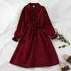 Autumn Winter Women Dress Solid Bow Long Sleeve A-line Vestidos Vinatge Chic Dresses Korean Fashion Clothing 17571 210415