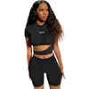 Costume noir Outfit Sexy Two Piece Set Femmes Deep O Crop Top et Mini Shorts Survêtement Ruched Hollow Out Clubwear Sportsuit 210525