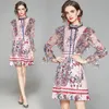Women's Summer Pink Long Sleeve Lace Patchwork Shredded Floral Printing Temperament Slim Mini Dresses 210514