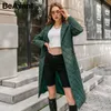 Beavant Długi Prosto Prosto z Rombus Wzór Casual Sashes Kobiety Winter Parka Głębokie Kieszenie Dostosowane Kołnierz Stylowa Outnewear 210923