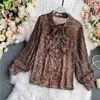 Spring and Autumn Style Pleated Ruffled Slim Fit Retro Print Chiffon Shirt Loose Fashion Temperament Blouse Women UK228 210507