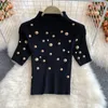 Catwalk Luxury Beaded Button Deco Black Two Piece Dress Short Sleeve Sweater + Mesh Maxi Skirt Sets Women Clothes Fall New 2022