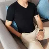 Qualidade Estilo Britânico Verão V Pescoço De Malha Camisetas Homens Roupas Slim Fit Molha Curta Tee Camiseta Homme Streetwear 210726