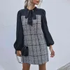 CHIC Vintage вязаное клетчатое плечо зимнее платье элегантный бантик с длинным рукавом лоскутное офисные дамы короткие платья A-Line Vestidos W251 210526