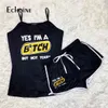 Echoine Summer Women Fashion Letter Print TrackSuit Two Piece Set Tshirts Camisole + Shorts Club Cute Sexy Bodycon Shorts Outfits x0428