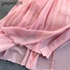 Elegante vrouwen roze partij maxi jurk zomer korte mouw ruches chiffon robe dames vintage banket bandage vestidos 210601