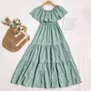 Zomer Casual Vrouwelijke O-hals Ruffled Long Dress Sweet Women Loose Floral Print Beach Fairy 210423