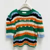 Striped Knitted Korean Pullover Sweater Women Short Sleeve O-neck Balls Fashion Vintage Ladies Jumpers Femme Summer 210513