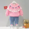 Bebé conjunto de roupas 0-4Y primavera outono de manga longa terno bonito doces lace top + jeans