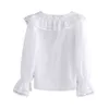 Women Embroidery Hollow Out Collar White Cotton Shirt Flare Sleeve Fashion Double Breasted Vintage Blouse Elegant Female Tops 210521