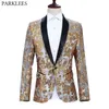 Shiny Gold Floral Sequin Velvet Blazer Heren Merk Sjaal Revers One Button Suit Jacket voor Party Club Diner Bruiloft Prom Stage 2XL 210522