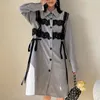 Drawstring Mesh Dress Women's Spring Lapel Full Sleeve Patchwork Single Breast Minority Loose Dresses Style 210427