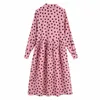 Wave Dot Printing Women Stand Collar Bow Tie Pleated Midi Dress Autumn Leisure lady Long Sleeves Loose Dresses D3387 210430