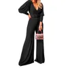 Kvinnor Jumpsuit V Neck Lantern Sleeve Rompers s High Waist Belt Wide Leg S Spring Summer 210524