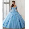 Longa manga céu azul bola vestido quinceanera vestidos v neck lace apliques longos bairro doce 16 vestidos de bairros vestidos de quinceanera festa vestido 2022