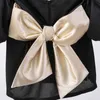 Casual Black Patchwork Bowknot Shirts For Women Square Collar Puff Short Sleeve Hit Color Blouses Female Style 210524