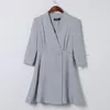 Herfst Vrouwen Werk Ol Temperament Dress Simple Double-Breasted V-hals Solid Color Half Mouw Losse Grijze Robe 210510