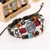 Vintage Mens Leather Alloy Bracelet Wood Stone Beads Charm Adjustable Multilayer Braided Men Bracelets Jewelry