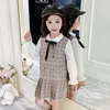 LOVE DD&MM Girls Dresses Autumn fashion Style Turn-down Collar Bow Plaid Pleated Dress Kids Clothes 210715