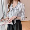 夏の縞模様の梨花半袖シャツレディースボタンシャツファッションラペルレディース韓国のファッション210507
