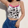 Słodka różowa koronka patchwork krowa druk Y2K Summer Camis Top z cienkim paskiem Backless Trend bez rękawów Rękawów Crop Cami 210510