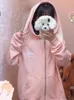 Sweats à capuche pour femmes Sweatshirts Kawaii Oreilles Sweat à capuche rose Sweat-shirt zippé Harajuku Ours drôle broderie mignon hauts 2021 mode coréenne L