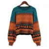 Chritmas Swetry dla kobiet Retro Chic Color Color Bluzy Młoda Dziewczyny Zimowe Crop Topy Oversize Dzianiny Krótki Sweter Żeński 211018