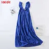 Tangada Frauen Blau Stickerei Romantische Midi Kleid Strap Rüschen Ärmellose Mode Dame Elegante Kleider Vestido 6H19 210609