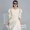 [EAM] Women Apricot Pleated Bandage Long Dress Round Neck Long Sleeve Loose Fit Fashion Spring Autumn 1DD7789 210512