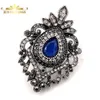 Turkish Vintage Opens Scroll Craft Pave Clear Crystal Dark Blue Brooches Floral Oval Shaped Pins Royal Jewelry for Women