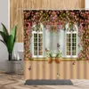 Retro okno roślina kwiaty zasłony prysznic rocznika drewniane tło akcesoria łazienkowe wodoodporne zasłony kąpielowe z hakiem 210609