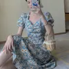 Korean Chic Vintage Daisy Print Dress Women Puff Sleeve Sundress Robe Femme High Waist A-line Summer Party Vestidos 210514