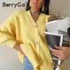 BerryGo Casual v-neck knitted kimono cardigan women Autumn winter lantern sleeve button female Streetwear sweaters 211011