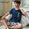 Mens Lounge Wear Summer Pajamas for Man Big Shorts Two Pieces Navy Letter Printing Pullover Leisure Sleep Wear Men Pjs 210812